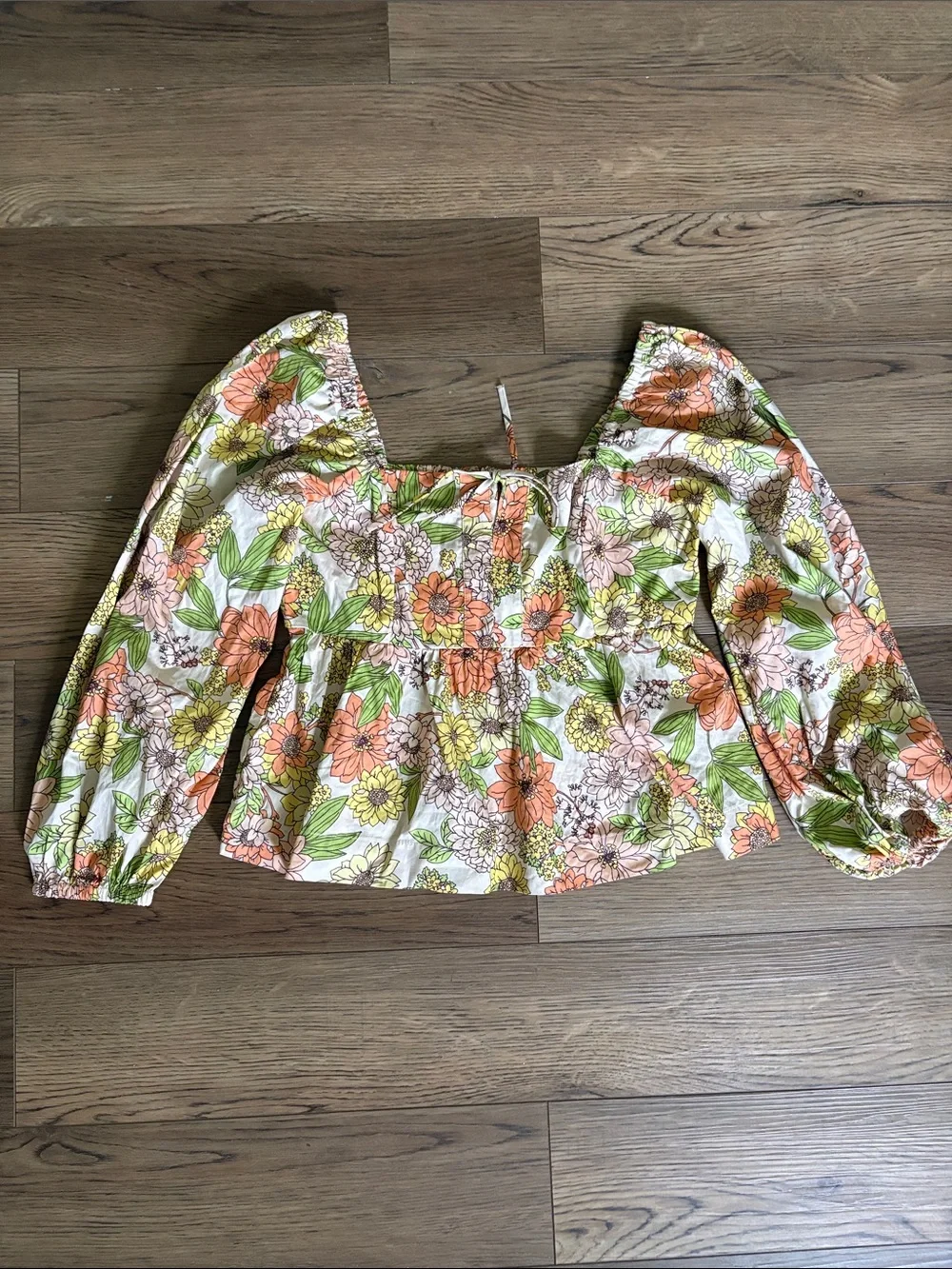 J. Crew Floral Square-Neck Peplum Blouse in White, Orange, Green